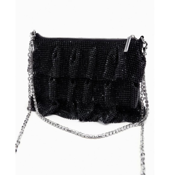 New Zara Black Ruffle Mesh Crossbody Bay With Rhinestone Strap Decor - Picture 8 of 9